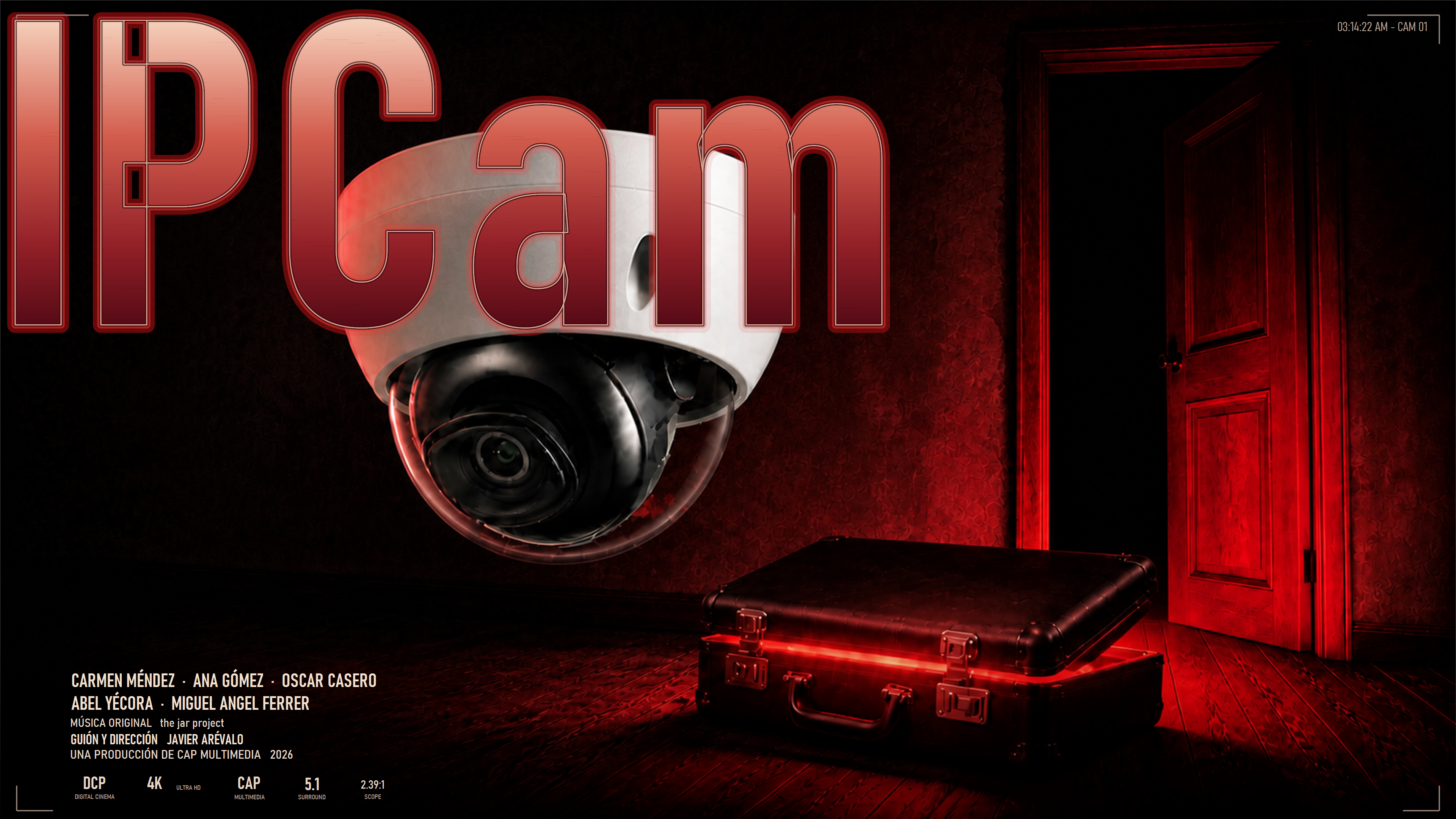 Cartel de IPCam con una cámara de vigilancia, un maletín y una puerta iluminada en rojo